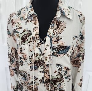 Chico's Size 1 (Medium) Long Slevve White/Multicolor Paisley Print V-neck Top